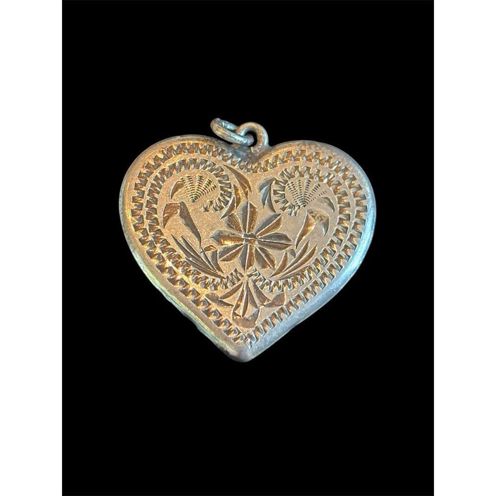 Vtg Hand Etched Heart Charm Pendant Sterling Silver Southwestern 925